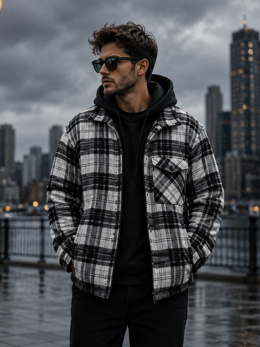 Men's Plus Size Drawstring Hooded Plaid Shirt Jacket